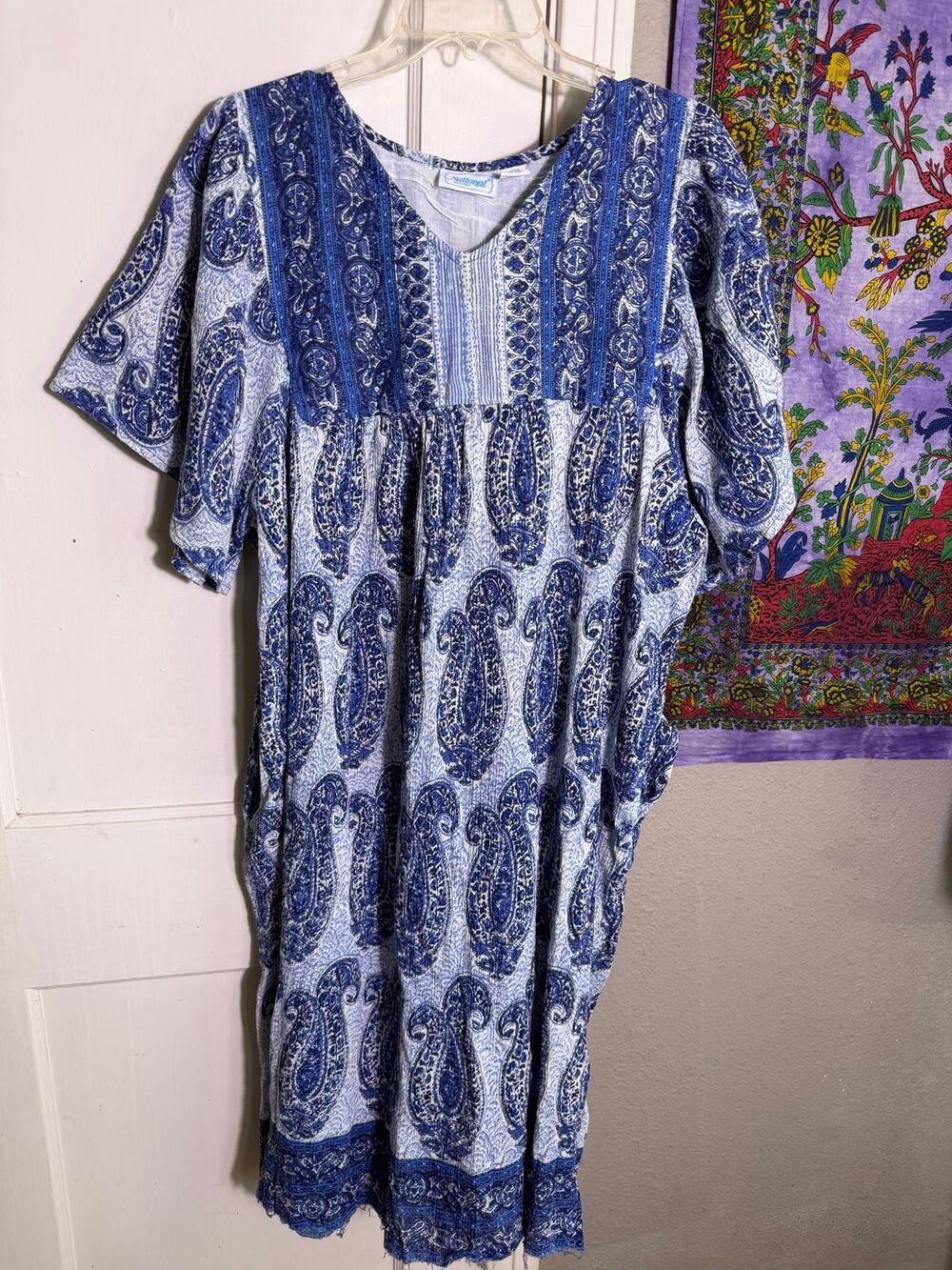 National 2X Blue Paisley Cotton Midi Dress Boho Caftan Pockets Made India